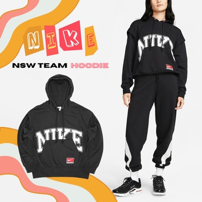 Nike 帽T NSW Team 黑 白 女款 連帽上衣 長袖 落肩 寬鬆 大Logo DQ6586-010