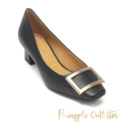Pineapple Outfitter-GOMEZ 金屬釦真皮方頭粗中跟鞋-黑色