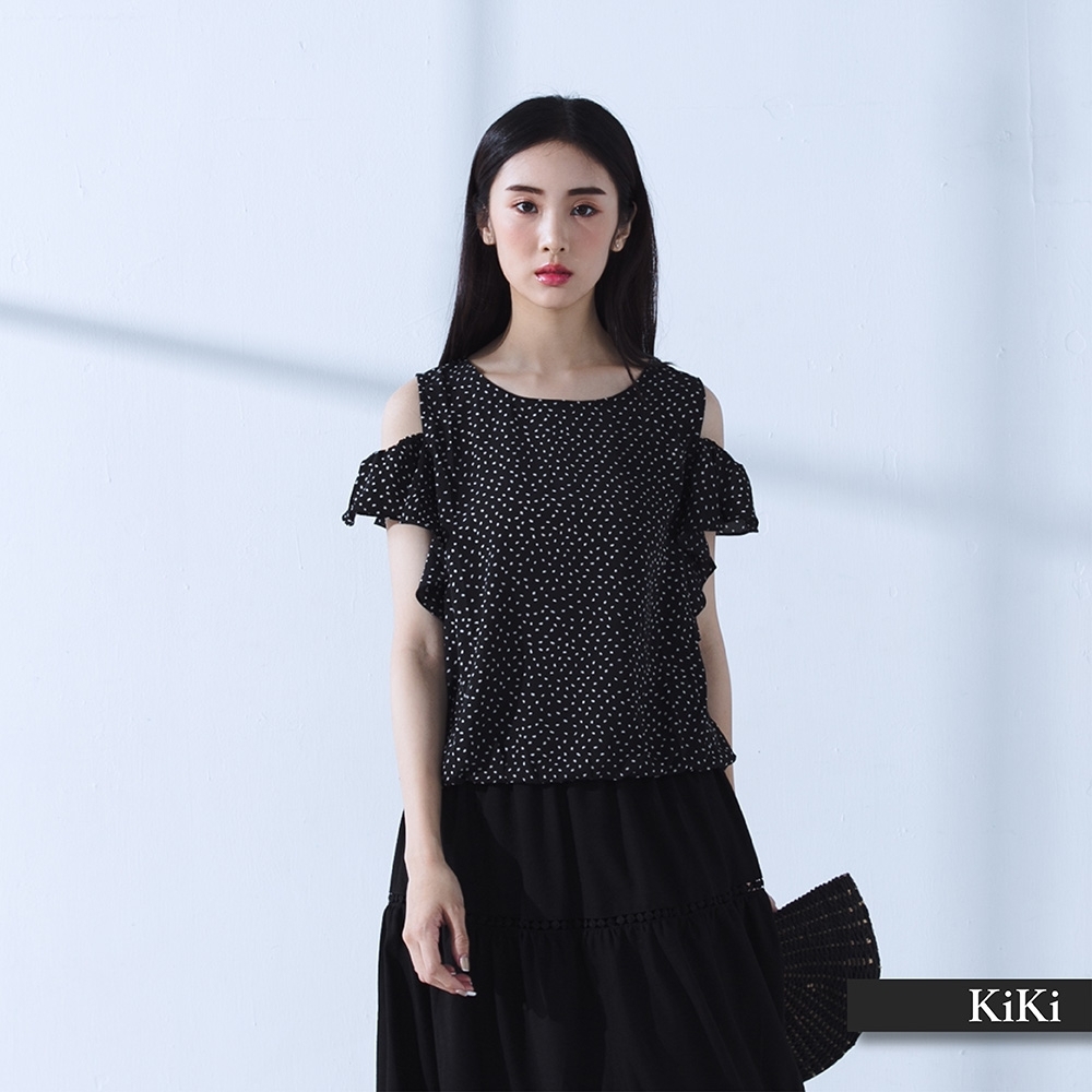 【KiKi】點點搭配性感露肩-女短袖襯衫(二色/版型合身)