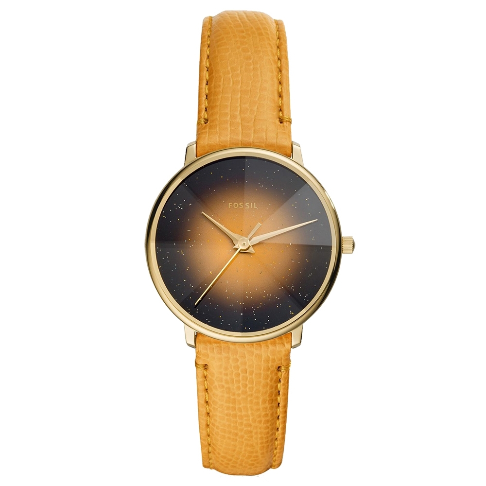 【FOSSIL】星彩稜鏡光壓紋皮革石英腕錶(ES4728)-黃/33mm