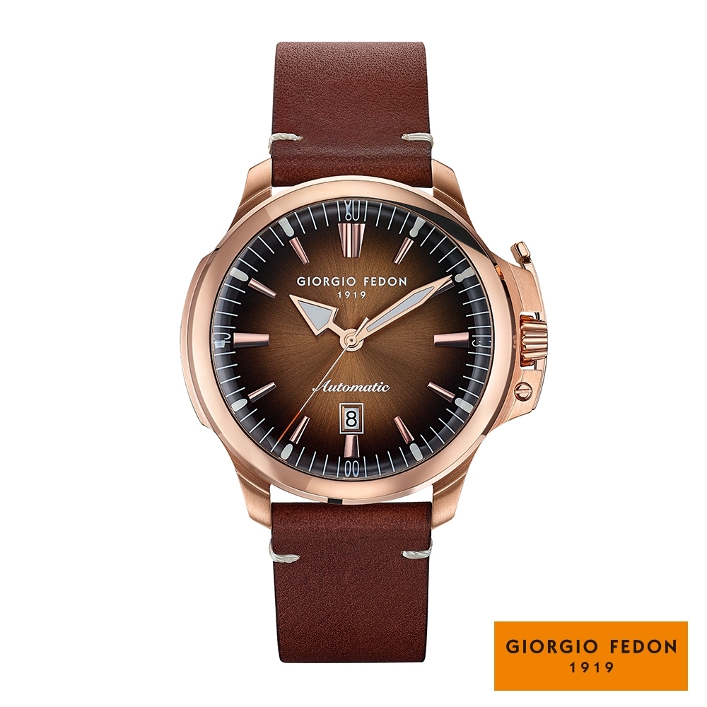 GIORGIO FEDON 1919經典永恆大三針系列 機械錶 真皮錶帶-玫瑰金x棕/45mm(GFCE014)