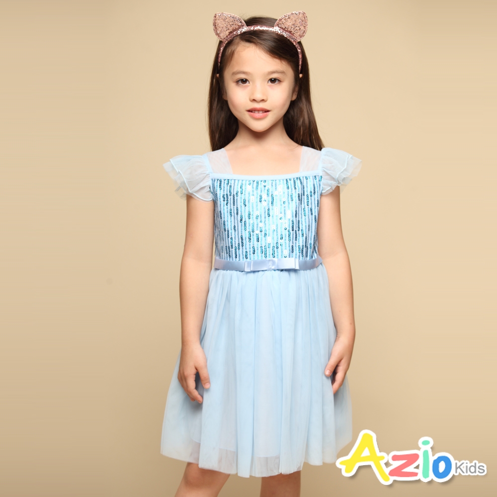 Azio Kids美國派 女童  洋裝 亮片緞帶蝴蝶結網紗洋裝(藍)