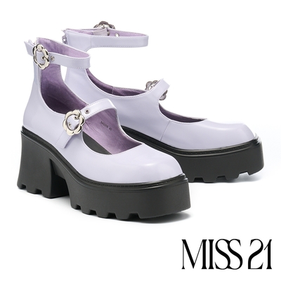 厚底鞋 MISS 21 敏感小花開邊珠踝帶瑪莉珍大方頭高跟厚底鞋－紫