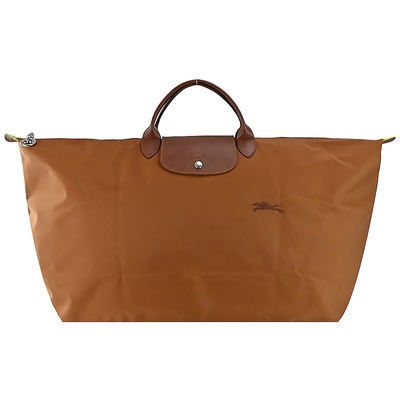 LONGCHAMP LE PLIAGE GREEN系列刺繡短把再生尼龍摺疊旅行袋(中/白蘭地酒)