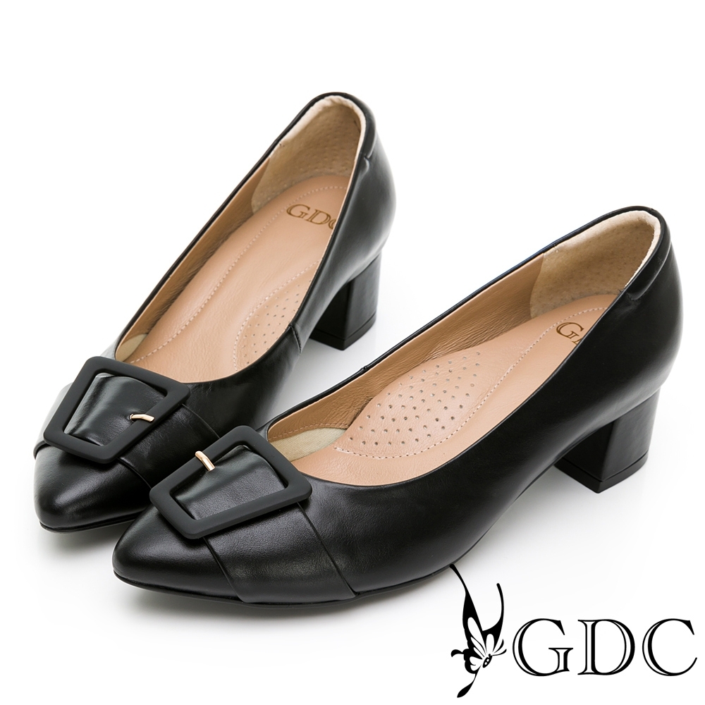 GDC-復古莊園歐風真皮方扣蝴蝶結素色尖頭中跟鞋-黑色