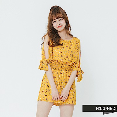 H:CONNECT 韓國品牌 女裝-削肩印花連身短褲-黃