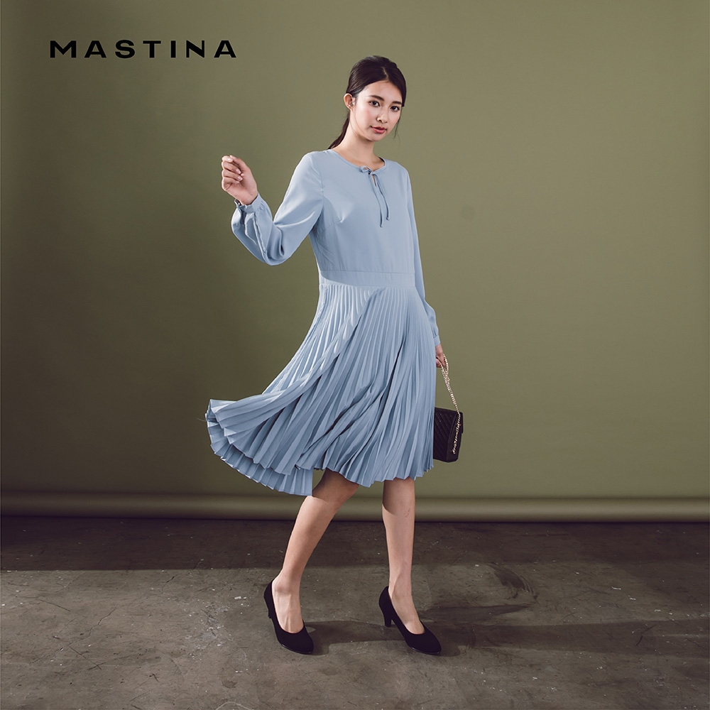 【MASTINA】氣質綁帶百褶-女長袖洋裝 百褶 藍(藍色/版型修身)