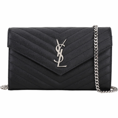 YSL Saint Laurent Monogram 銀字絎縫魚子醬牛皮鍊帶斜背包(大型/黑色)