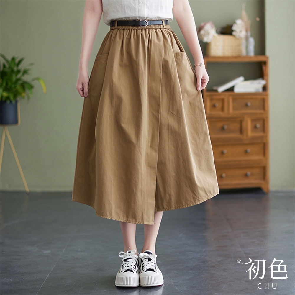 初色  棉麻風拼接不對襯寬鬆大碼鬆緊腰半身裙-共3色-67569(M-2XL可選)