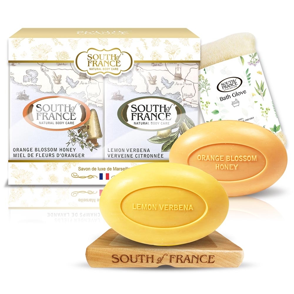 South of France 南法馬賽皂蜂蜜檸檬奢華組170g x2(贈專屬沐浴手套+皂盤)