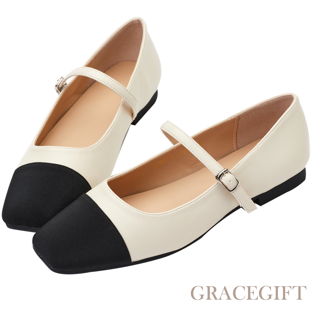 【Grace Gift】優雅方頭芭蕾平底鞋 白x黑