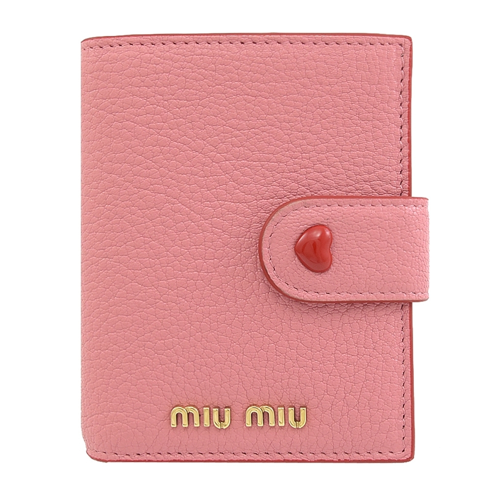 MIU MIU 金屬LOGO山羊皮對開釦式短夾(粉)