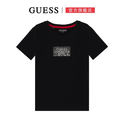 【GUESS】貴氣撞色水晶感LOGO短T-兩色可選