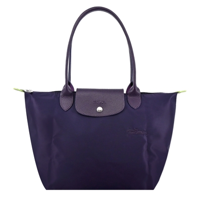 LONGCHAMP LE PLIAGE GREEN系列刺繡長把再生尼龍摺疊水餃包(中/藍莓)