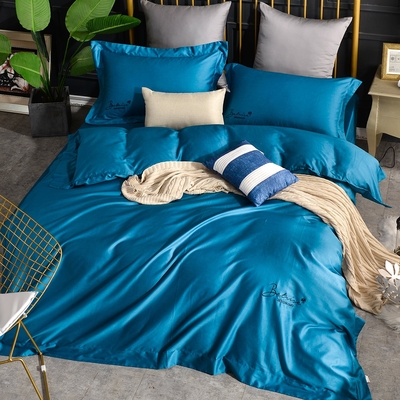 Betrise潽藍 純色系列 加大 頂級300織精梳長絨棉素色刺繡四件式被套床包組