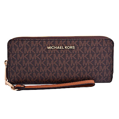 MICHAEL KORS JET SET TRAVEL金字LOGO滿版防刮皮革長夾-咖啡