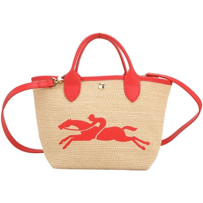 LONGCHAMP LE PANIER PLIAGE 小款 奔馬刺繡草編帆布手提/斜背托特包(紅色)