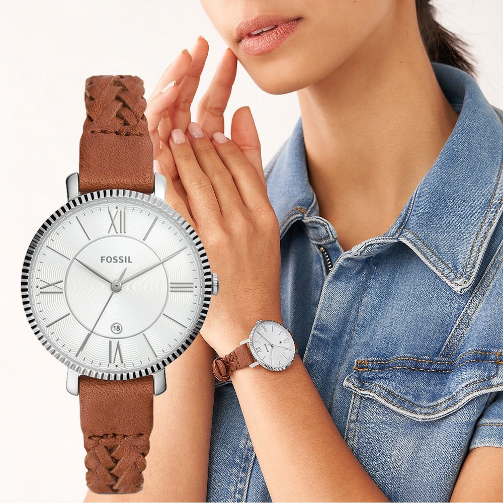 FOSSIL Jacqueline 編織皮革錶帶女錶-36mm ES5208