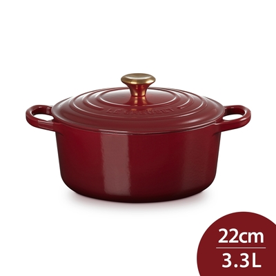 Le Creuset 典藏圓形鑄鐵鍋 湯鍋 燉鍋 炒鍋 22cm 3.3L 醇酒紅 金頭 法國製