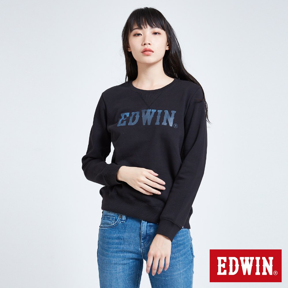 EDWIN 牛仔紋LOGO 厚長袖T恤-女-黑色