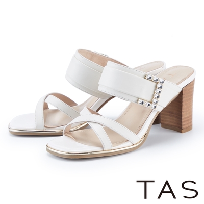 TAS 水鑽飾釦真皮高跟拖鞋 米白