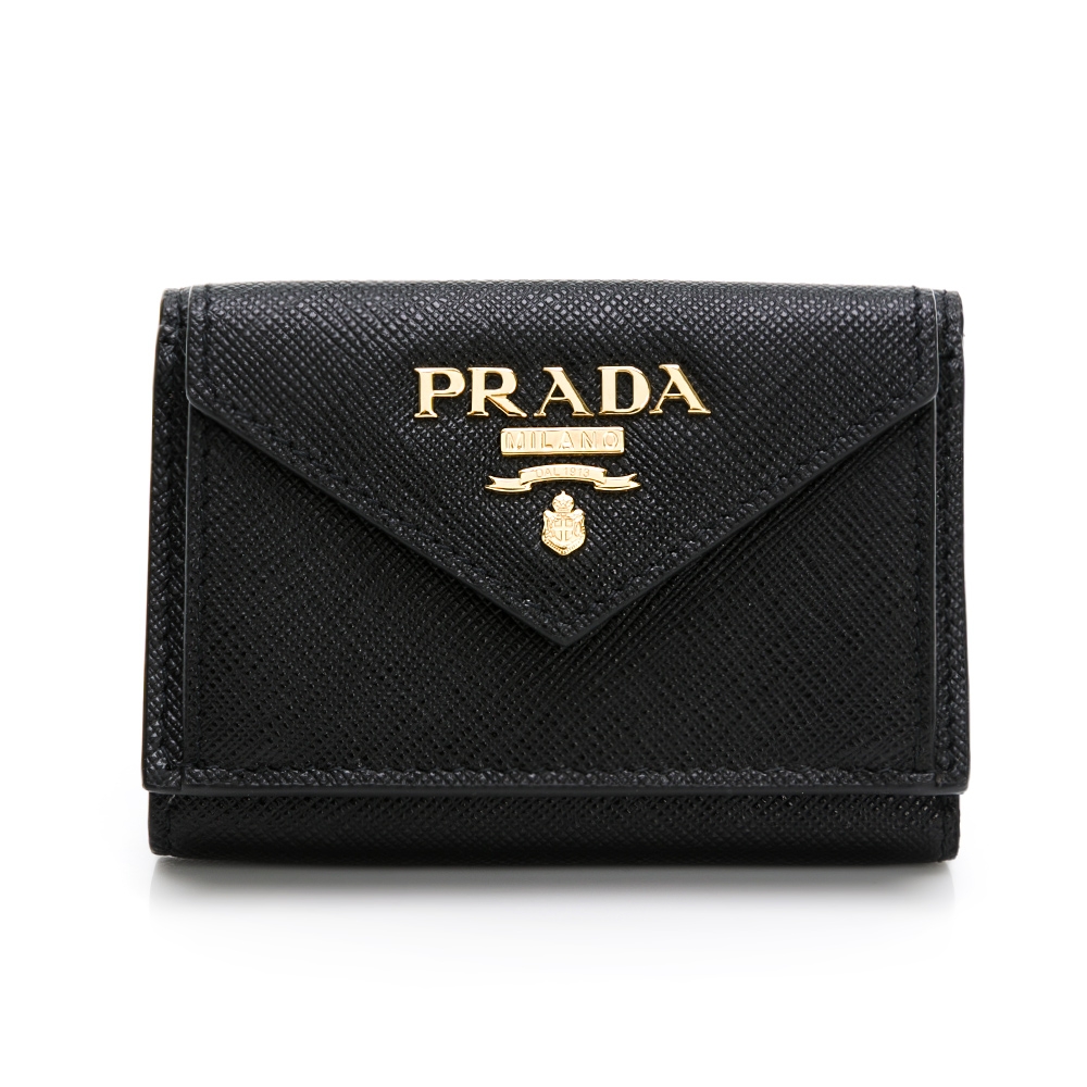 【PRADA 普拉達】經典 金字LOGO十字紋信封型三折短夾 (黑1MH021)