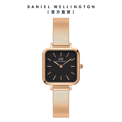 Daniel Wellington DW 手錶 Quadro Studio 22X22mm 復古鋼琴錶鍊方型腕錶-黑錶盤-玫瑰金 DW00100518