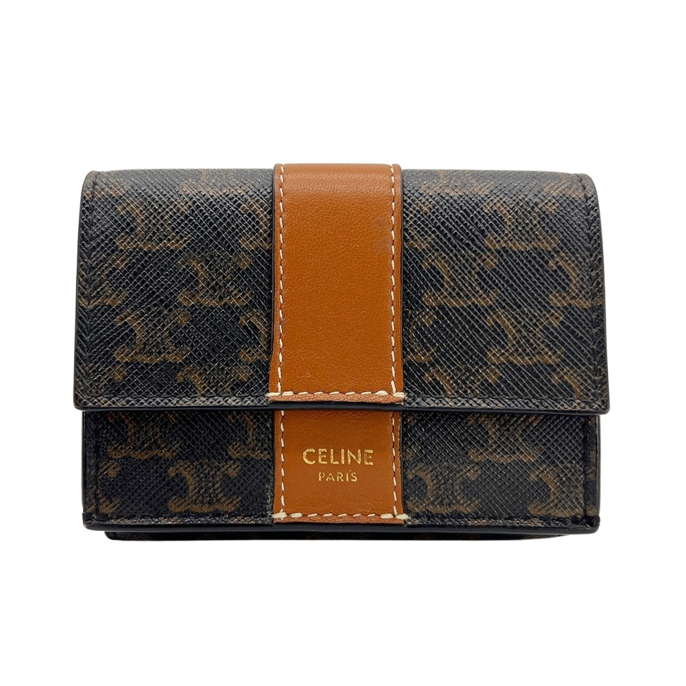 二手品 Celine Triomphe 帆布釦式三折迷你短夾(黃褐色)