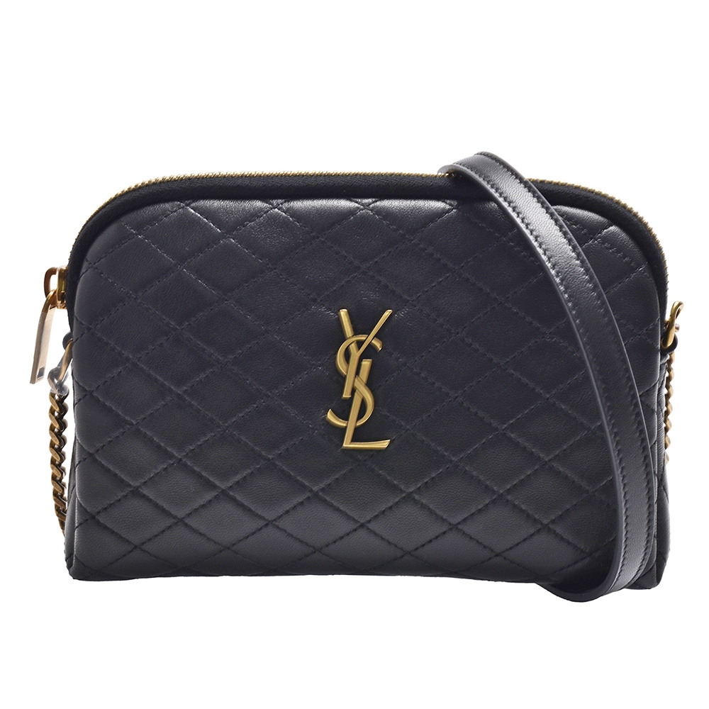 YSL 經典GABY系列菱格紋絎縫小羊皮金色金屬LOGO斜背包(小-黑)