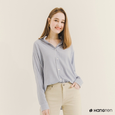 Hang Ten-女裝-RELAXED FIT條紋長袖襯衫-藍