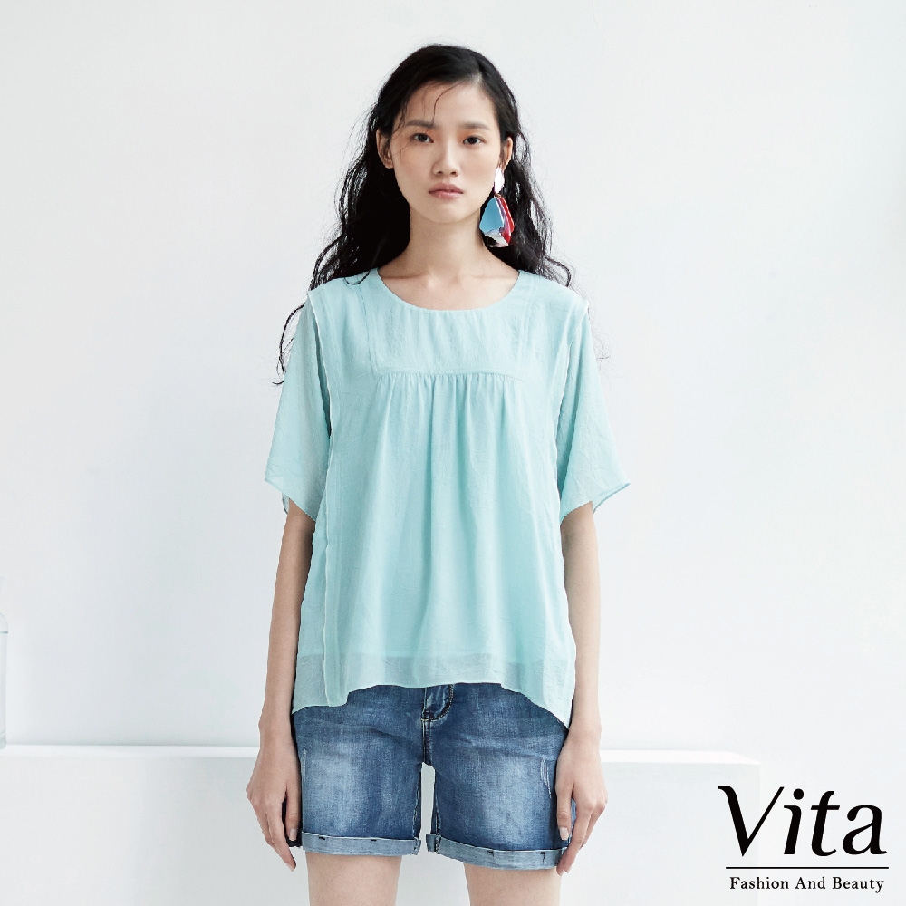【Vita】圓領素色休閒上衣-水藍