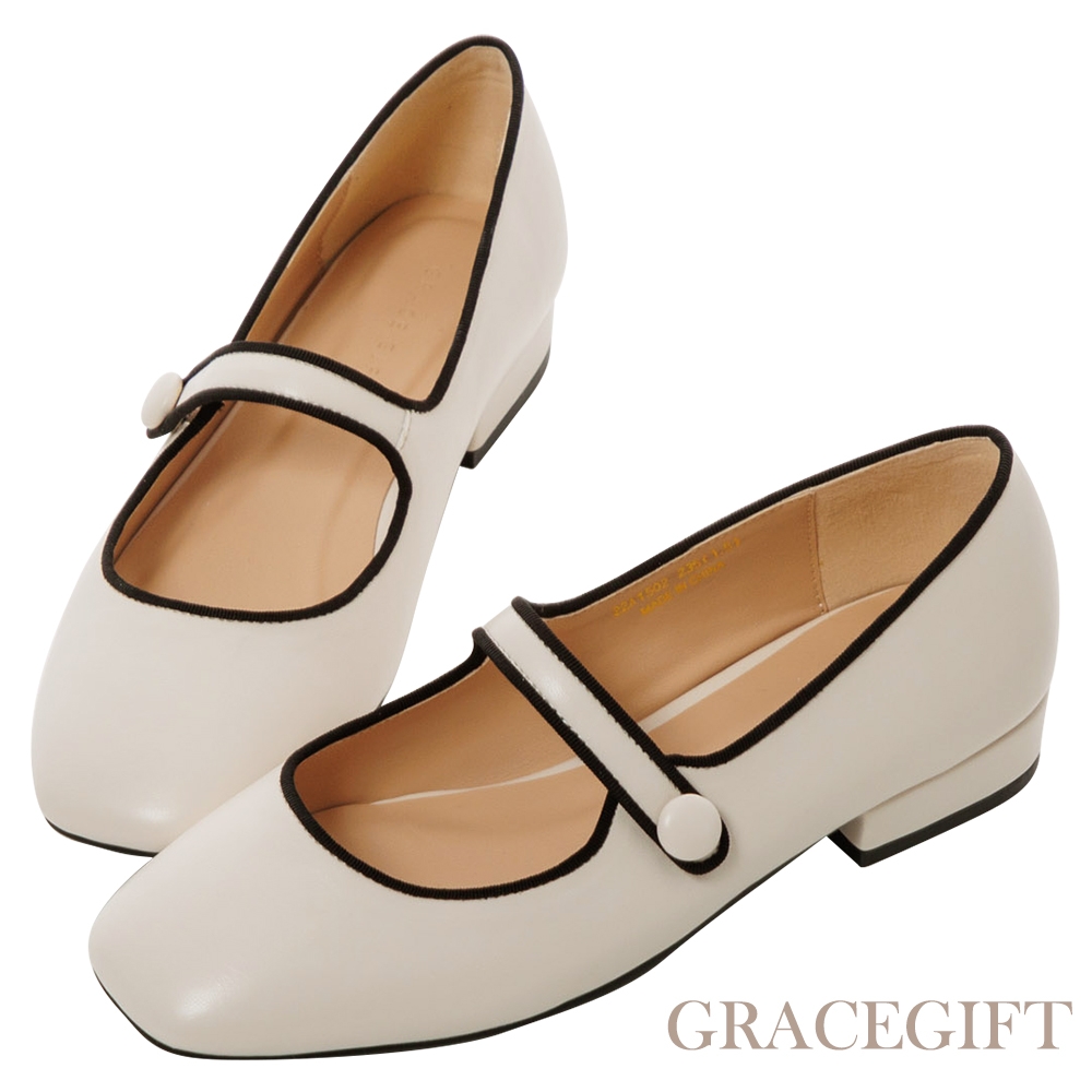 【Grace Gift】小千金線條低跟瑪莉珍鞋 米白