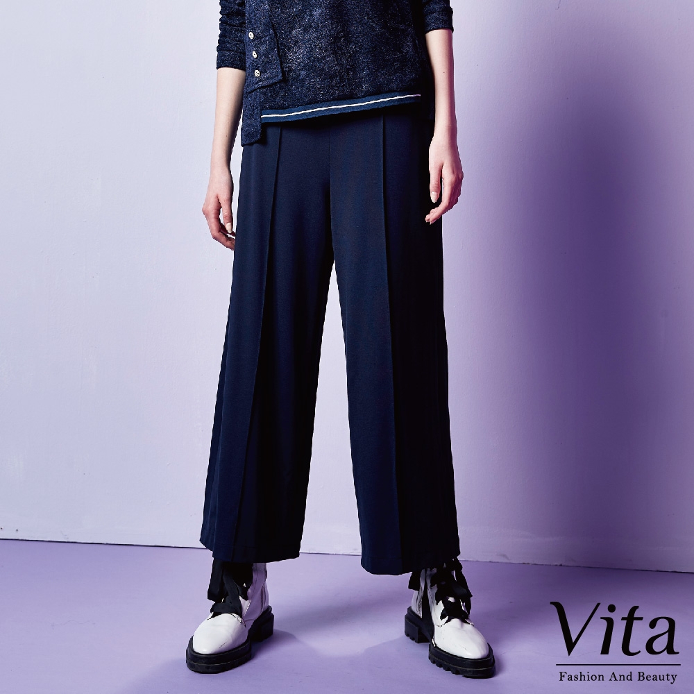 【Vita】後鬆緊素色微彈性直筒長褲-深藍