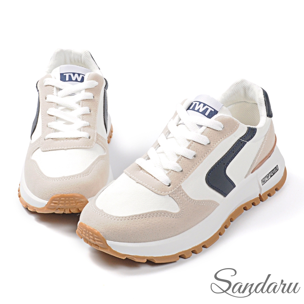 山打努SANDARU-運動鞋 復古拼色簡約綁帶休閒鞋-白藍