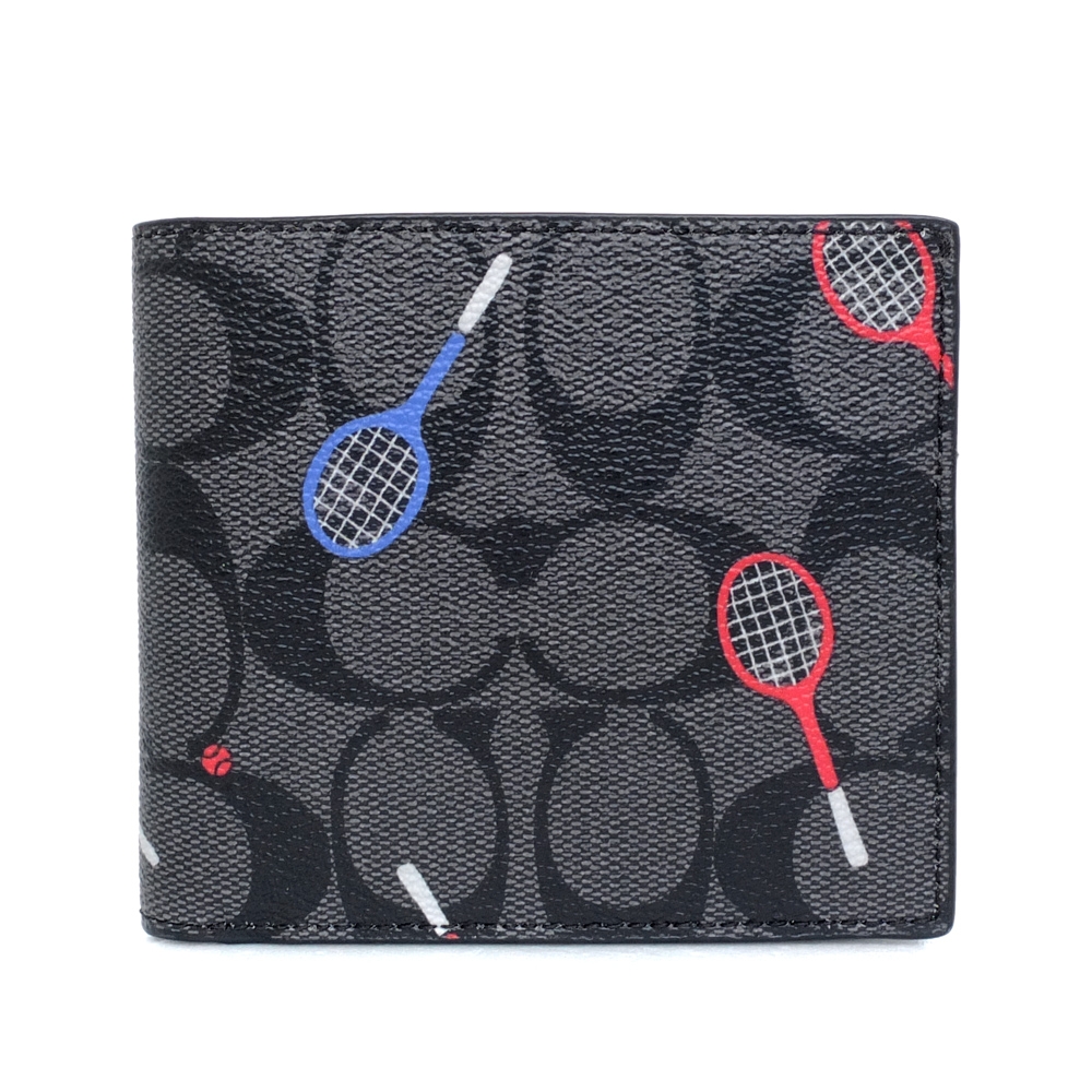 COACH灰黑C Logo網球拍圖印雙摺證件格男夾