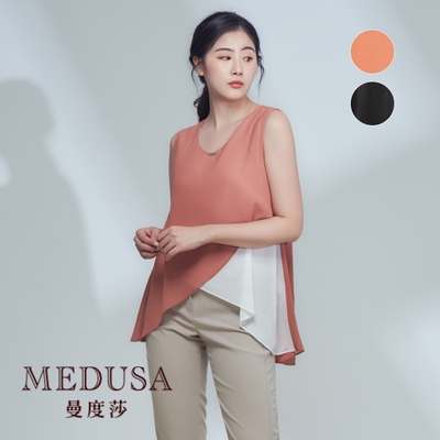 現貨【MEDUSA 曼度莎】斜蓋撞色無袖雪紡上衣 - 2色（M-XL）｜女無袖上衣 長版上衣