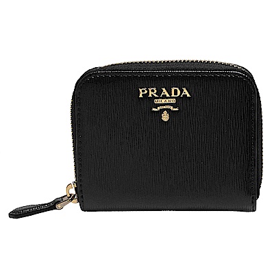 PRADA 經典金色浮雕LOGO直紋牛皮拉鍊卡夾/零錢包(黑)