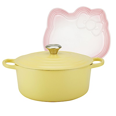 LE CREUSET 琺瑯鑄鐵典藏圓鍋26cm(含羞草黃)+Hello Kitty造型盤