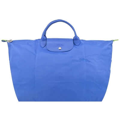 LONGCHAMP LE PLIAGE GREEN系列刺繡短把再生尼龍摺疊旅行袋(小/矢車菊藍)