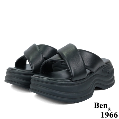 Ben&1966高級羊皮柔軟交叉帶舒適厚底涼拖鞋-黑(236411)