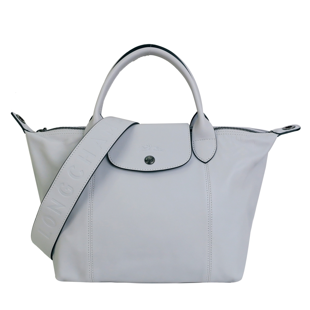 LONGCHAMP Le Pliage Cuir 小羊皮寬背帶短把折疊水餃包(小/灰)