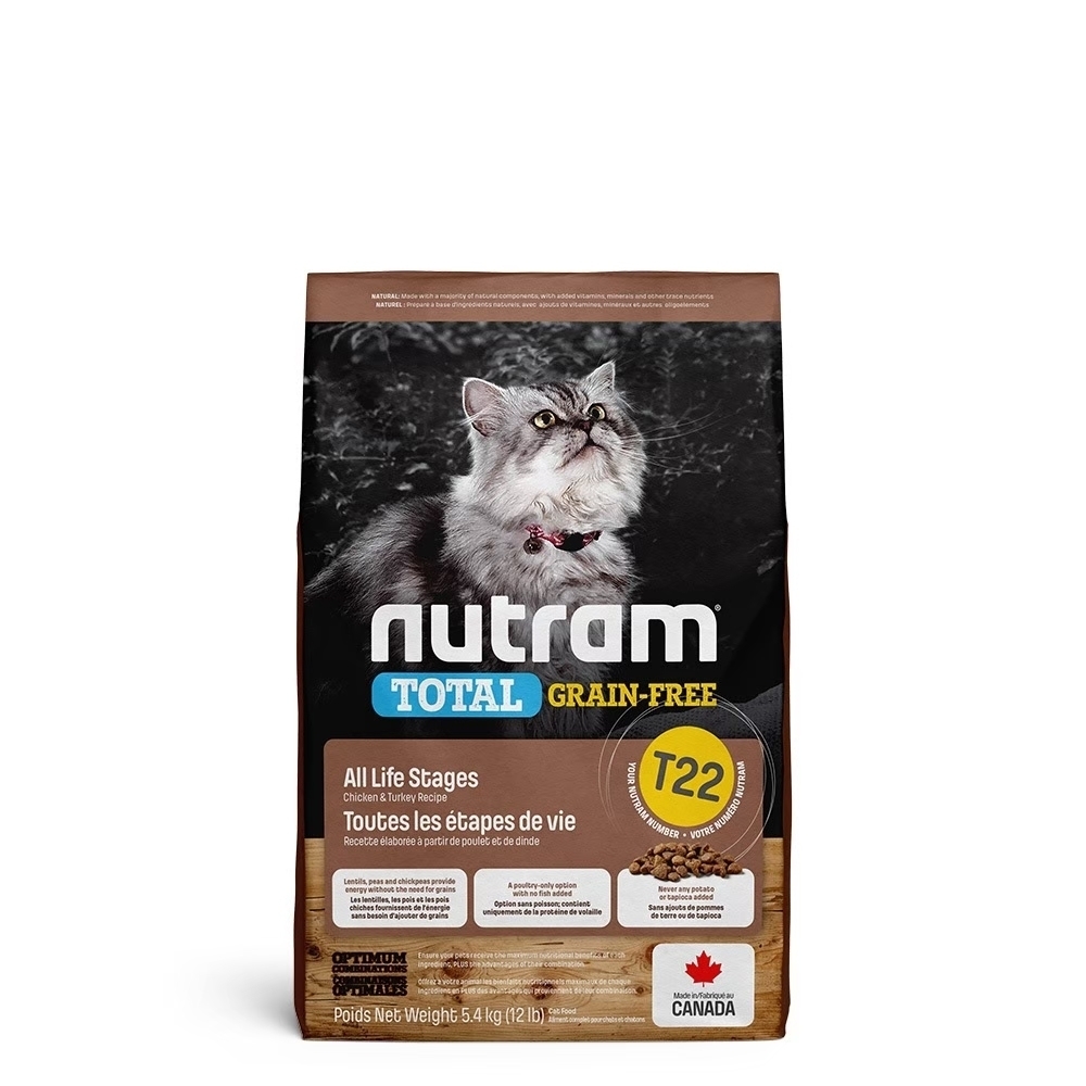 加拿大NUTRAM紐頓T22無穀全能系列-火雞+雞肉挑嘴全齡貓 5.4kg(12lb)(NU-10280)(購買二件贈送全家禮卷100元x1張)