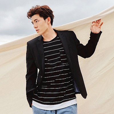 高含棉橫條紋假兩件短袖上衣-OB大尺碼