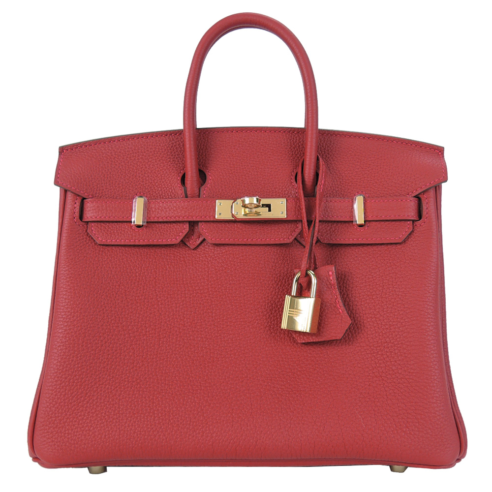 HERMES BIRKIN Togo牛皮柏金包( 25CM/53鴕鳥紅/金釦)