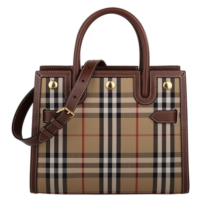 BURBERRY Title 格紋拼皮革兩用托特包(深卡其)中