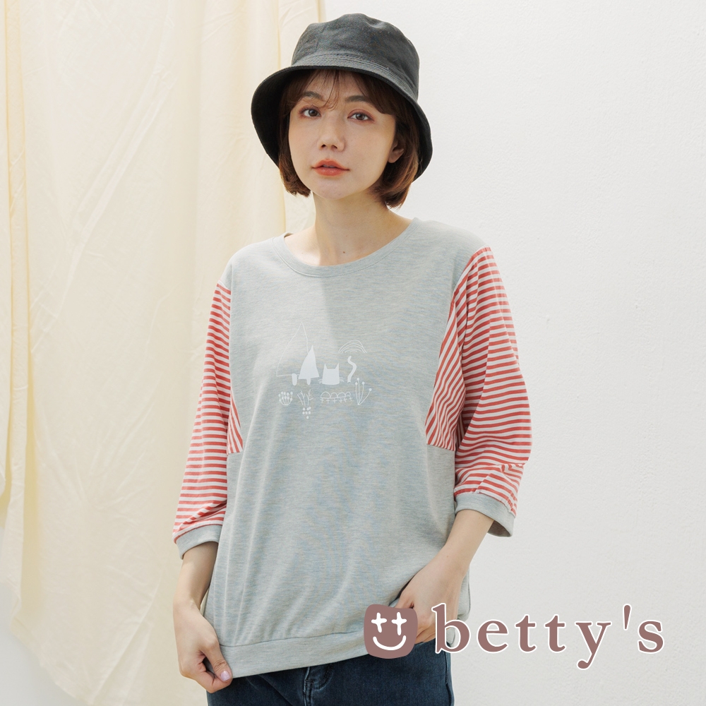 betty’s貝蒂思　條紋袖子拼接印花T-shirt(淺灰)