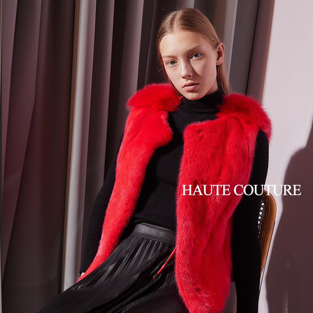 Haute Couture 高定系 頂級貂毛✕狐狸毛造型斗篷背心罩衫-嘉年華紅