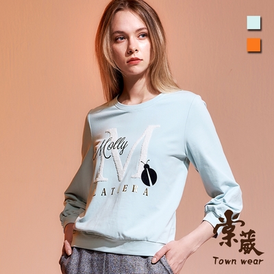 【TOWNWEAR棠葳】美式印字壓摺袖棉質上衣 2色(女上衣/中長袖/圓領/棉質)