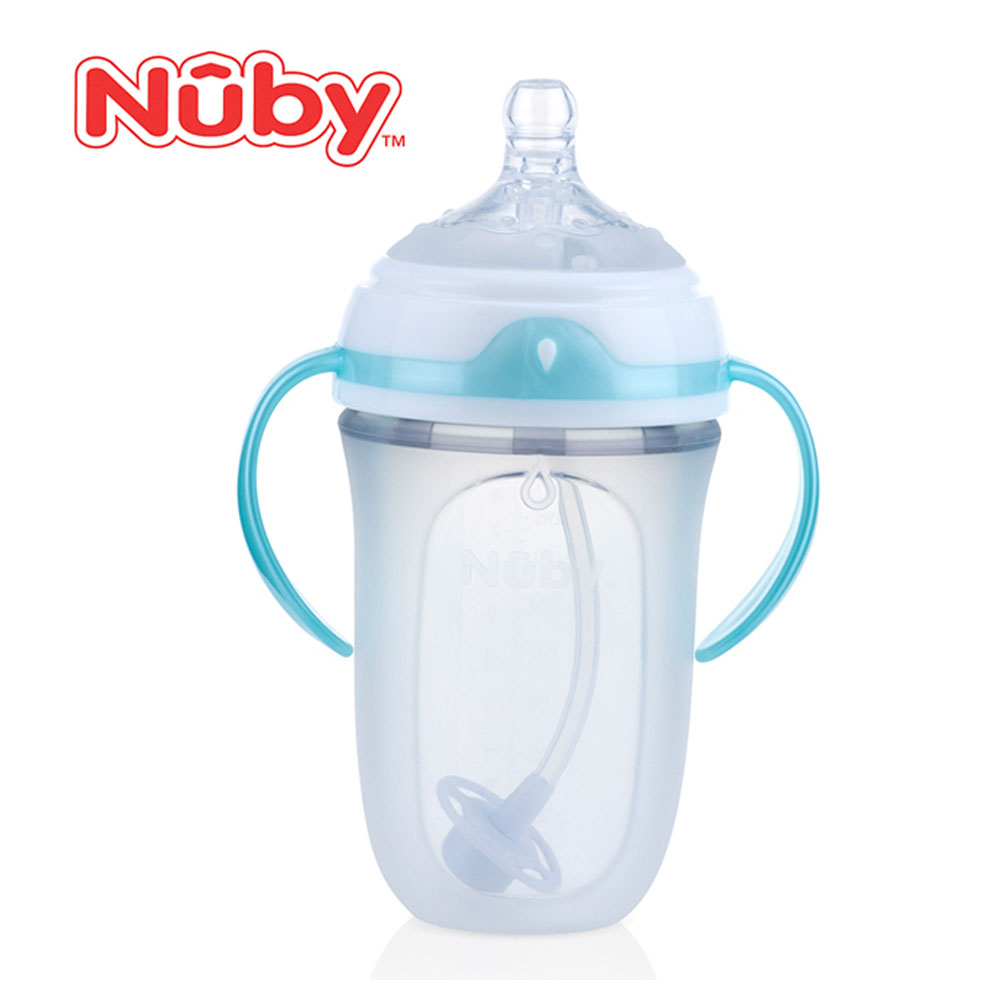 【美國 Nuby】Comfort 寬口徑防脹氣矽膠奶瓶 250ml (附 360度滾珠吸管)