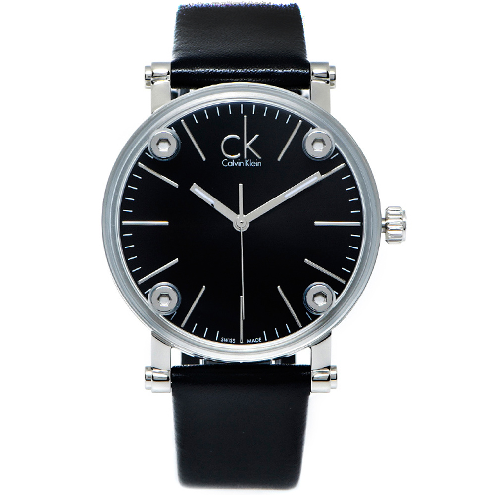 CK Calvin Klein 鏡面加厚款皮革手錶(K3B231C1)-黑面/36mm